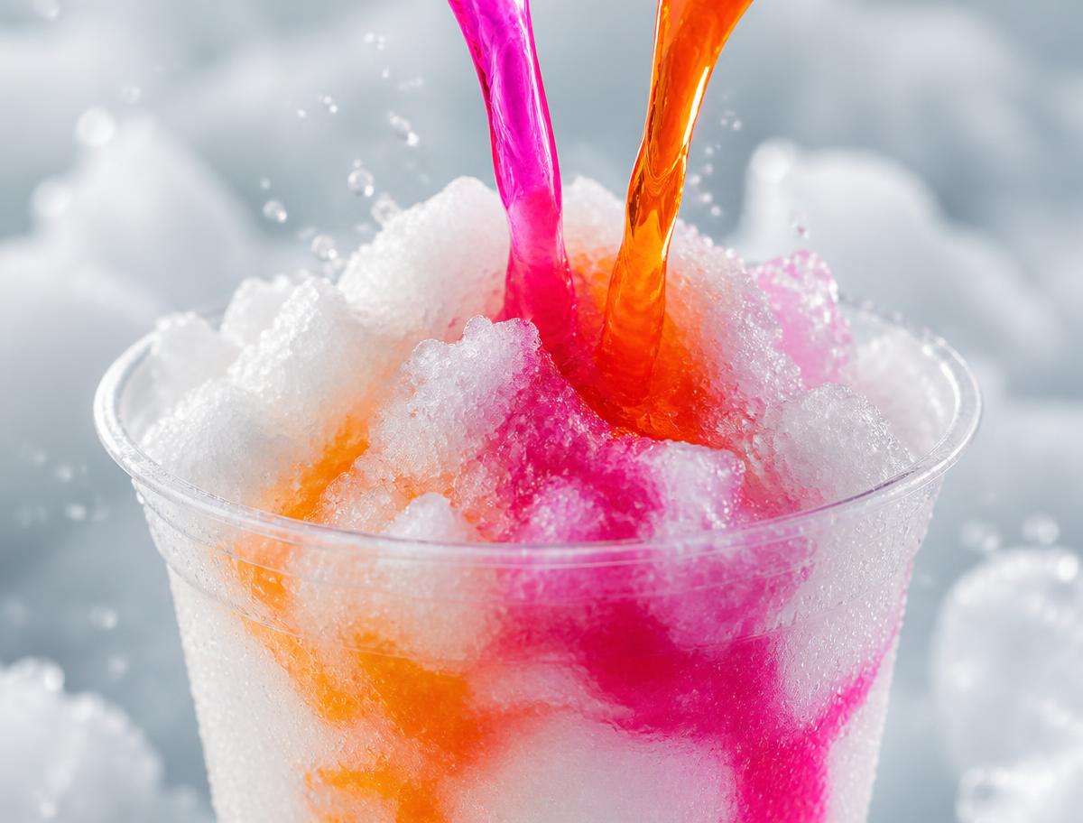 Pink and orange syrup poured into white slush