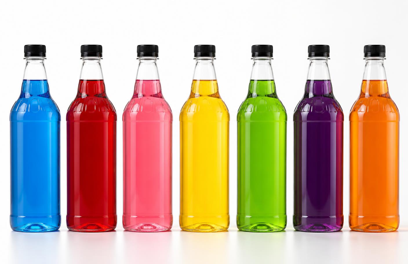 Row of colourful one-litre syrup bottles