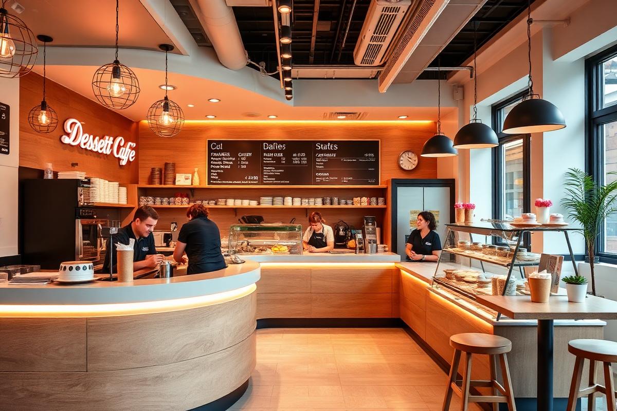 Modern dessert café counter with staff serving customers